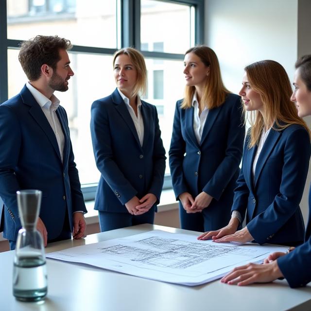 Legal team consulting over architectural plans